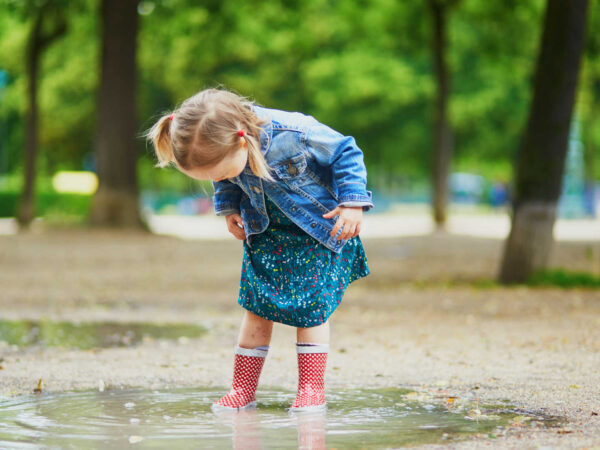 Remove mud stains – Little girl standing in a muddy puddle