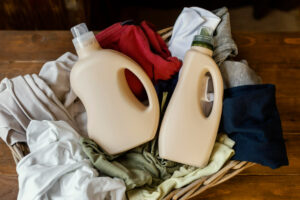 Detergent bottles and dark coloured clothing