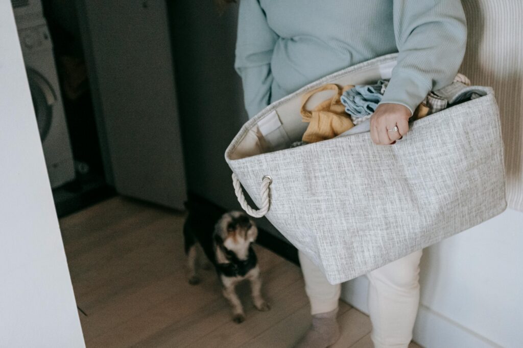 Woman carrying a basket of clean laundry